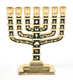 Miniature 7 Branch Menorah with Judaic Symbols, Dark Green and Gold - 2.7 Height
