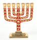 Miniature 7 Branch Menorah with Judaic Symbols, Red and Gold - 2.7 Height