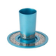 Yair Emanuel Kiddush Cup and Plate, Silver Jerusalem Overlay - Turquoise