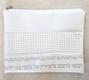 Tallit and Tefillin Bag Faux Leather Silver Embroidered Prayer Words  Off White