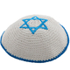 White Knitted Kippah with center Blue Magen David
