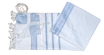 Acrylic Non-Slip Tallit, Textured Checkerboard Weave - Sky Blue and Silver Stripes