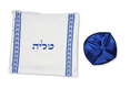 Ateret Acrylic Tallit Set, Dark Blue and Silver Stripes, Star of David & Menorah
