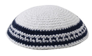 White Knitted Kippah with White Black and Blue Border Stripes - Choice of Sizes
