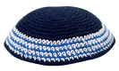 Navy Blue Knitted Kippah with White and Light Blue Border Stripes