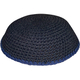 Black DMC Knitted Kippah with Thin Blue Border Stripe