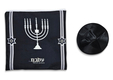 Ateret Acrylic Tallit Set, Menorah Motif and Bible Words - Black and Gold Stripes