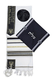 Ateret Acrylic Tallit Set, Menorah Motif and Bible Words - Black and Gold Stripes