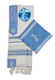 Ateret Acrylic Tallit Set, Menorah Motif and Bible Words  Powder Blue and Silver Stripes