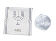 Ateret Acrylic Tallit Set, Menorah Motif and Bible Words  White and Gold Stripes