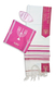 Ateret Acrylic Tallit Set, Menorah Motif and Bible Words  Pink and Gold Stripes