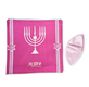 Ateret Acrylic Tallit Set, Menorah Motif and Bible Words  Pink and Gold Stripes