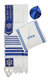 Ateret, Acrylic Tallit Set Blue Stripes on White - Menorah in Star of David
