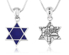 Sterling Silver Pendant Necklace, Blue Enamel Star of David and Jerusalem Images