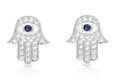 Sterling Silver Hamsa Stud Earrings with Blue and White Zircons - Option Gold