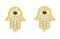 Sterling Silver Hamsa Stud Earrings with Blue and White Zircons - Option Gold