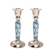 Yair Emanuel Hammered Stainless Steel Blue Geometric Design Candlesticks
