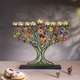 Yair Emanuel Hand Painted Laser Cut Chanukah Menorah, Pastoral Trees and Birds