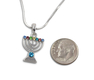 Rhodium Plated Pendant Necklace 7 Branch Menorah - Colored Stones