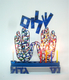 David Gerstein Laser Cut Metal Colorful Chanukah Menorah - Hamsa Shalom Blessing