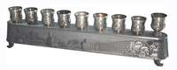 2-in-1 Pewter Plated Menorah, Jerusalem Engraving - Shabbat Lights on Reverse