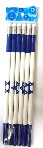 Set of Six Souvenir Wood Pencils, Blue and White Decorated with Star of David