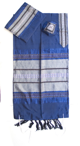 Gabrieli Handwoven Royal Blue Silk Tallit Set - Silver Stripes