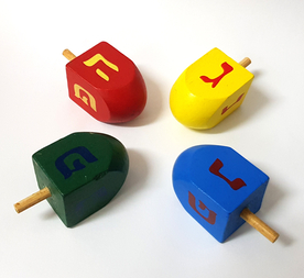 Package of Four Colorful Wood Dreidels with letters