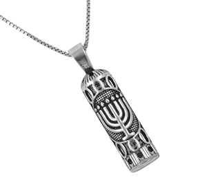 Sterling Silver Necklace with Mezuzah Pendant - Menorah Design