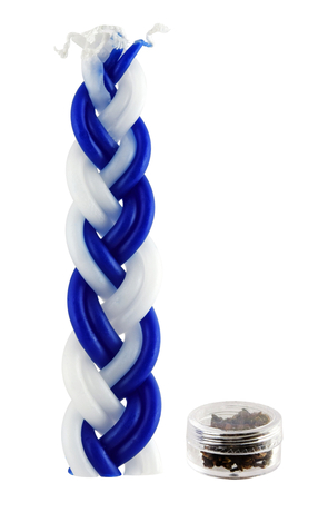 Mini Two in One, Braided Blue and White Havdalah Candle with Small Spice Box