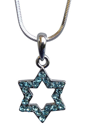 Star of David with light blue stones Rhodium Necklace