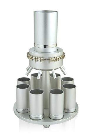 Dabbah Judaica Anodized Aluminum Wine Fountain Silver Line 8 Cups - Silver