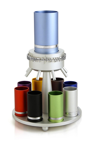 Dabbah Judaica Anodized Aluminum Wine Fountain Silver Line 8 Cups - Multi-color