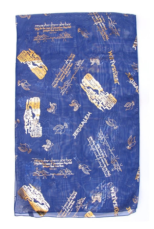 Womans Head Scarf Gold Jerusalem Images with Dove, Lion & Psalm Verse  Blue