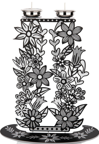 Dorit Judaica Shabbat Candlesticks, Tall Flowers and Leaves - Black, White & Gray