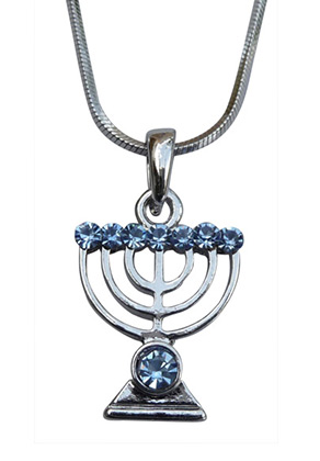 Rhodium Plated Pendant Necklace, Seven-Branch Menorah - Blue Stones