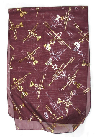 Womans Head Covering with Menorah, Star of David and Fish Design - Maroon