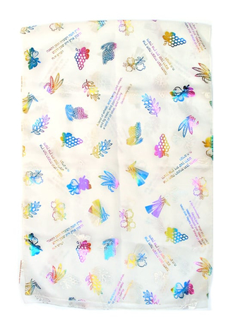 Womans Head Scarf, Seven Species Images and Biblical Verse  White