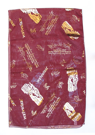 Womans Head Scarf Gold Jerusalem Images with Dove, Lion & Psalm Verse  Maroon