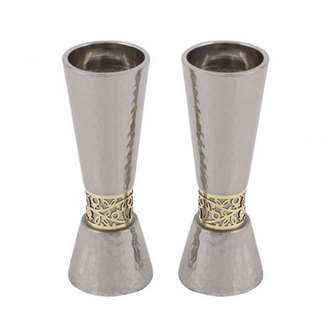 Yair Emanuel Cone Candlesticks with Gold Pomegranate Band - Hammered Silver