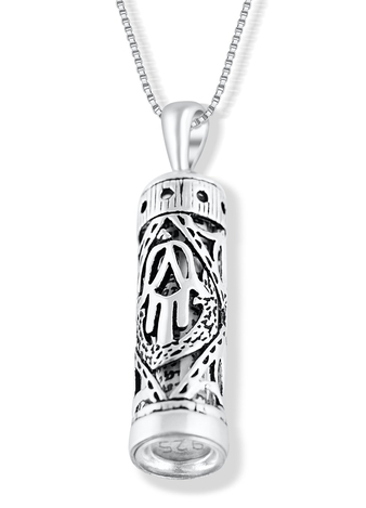 Mezuzah Necklace Pendant in Sterling Silver with Cut Out Hamsa Hand