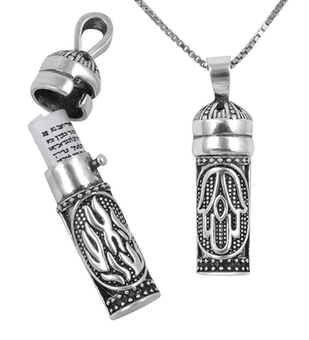 Sterling Silver Necklace with Mezuzah and Scroll Pendant HaEsh Sheli - My Fire & Hamsa