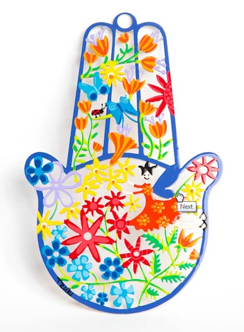 Tzuki Art Hand Painted Hamsa Hand Colorful Flower Display - Blue Frame