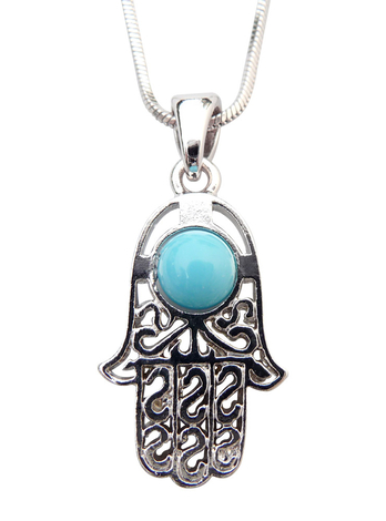 Rhodium Pendant Necklace - Hamsa with Blue Stone