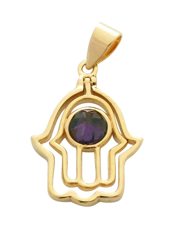 Gold Filled Hamsa Hand Shaped Pendant with Amerthyst Stone in Center
