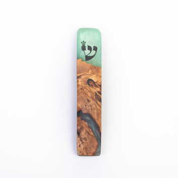 Eial Ovin Handmade Mezuzah Case, Natural Olive Wood and Epoxy - Ocean Turquoise
