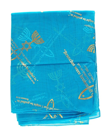 Woman's Head Scarf with Menorah, Star of David & Fish Design - Blue or Turquoise