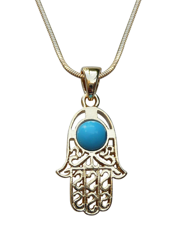 Rhodium Pendant Necklace, Filigree Hamsa with Blue Stone - Gold