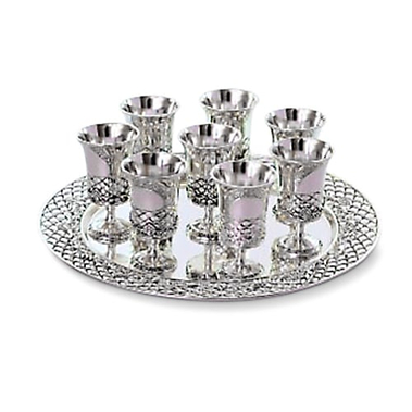 Six Decorative Small Kiddush Cups with Matching Circular Tray - Silver Plate