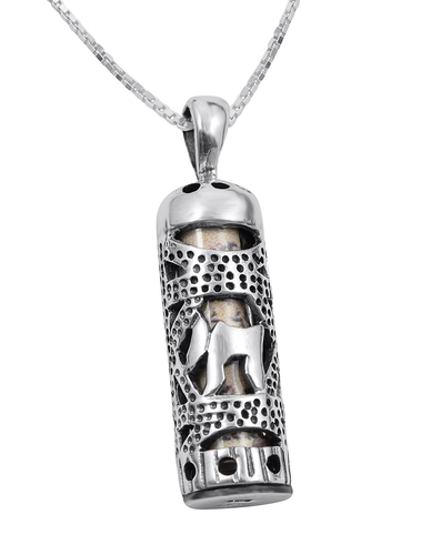 Mezuzah Necklace Pendant in Sterling Silver with Cut Out Chai